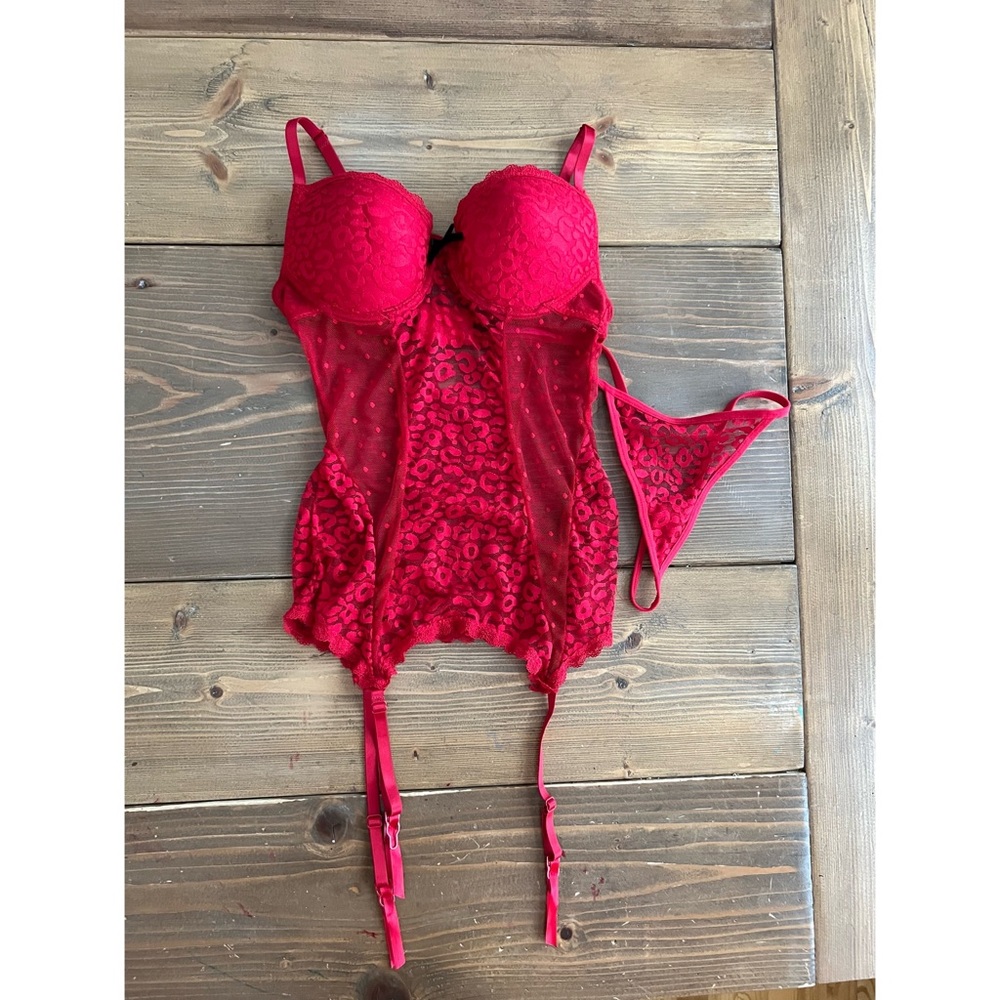 Red Leopard Print Corset Bra Top with G-String